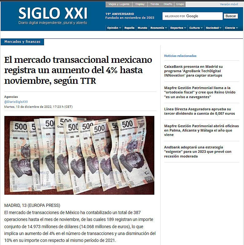 El mercado transaccional mexicano registra un aumento del 4% hasta noviembre, segn TTR